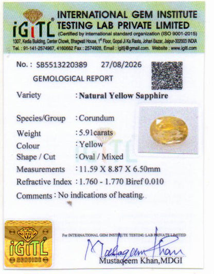 Yellow Sapphire (Pukhraj) Gemstone - 5.91 Carats