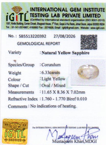 Yellow Sapphire (Pukhraj) Gemstone - 6.33 Carats