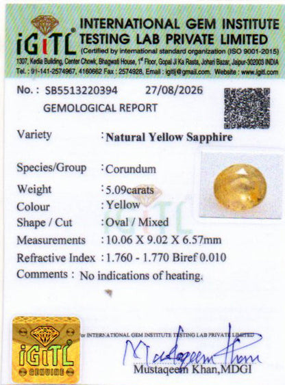 Yellow Sapphire (Pukhraj) Gemstone - 5.09 Carats