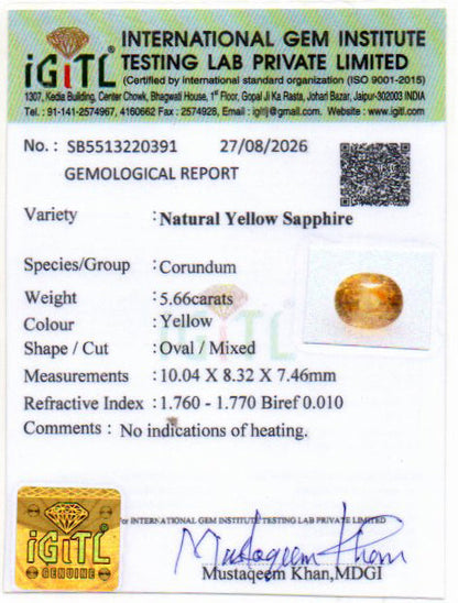 Yellow Sapphire (Pukhraj) Gemstone - 5.66 Carats
