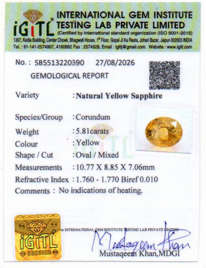 Yellow Sapphire (Pukhraj) Gemstone - 5.81 Carats