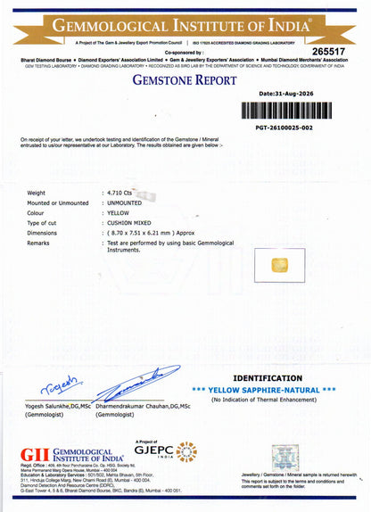 Yellow Sapphire (Pukhraj) Gemstone - 4.71 Carats