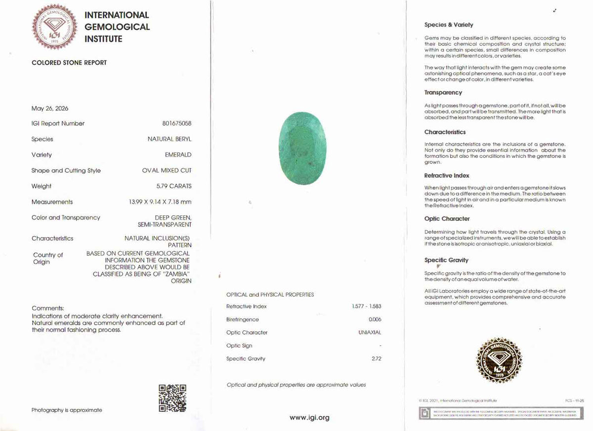 Emerald (Panna) Gemstone - 5.79 Carats