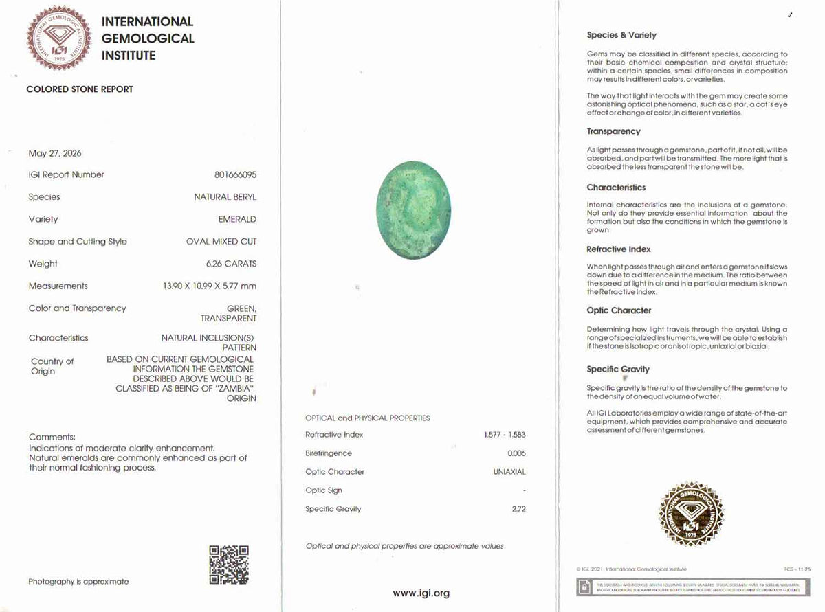 Emerald (Panna) Gemstone - 6.26 Carats