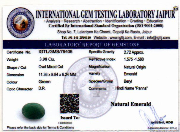 Emerald (Panna) Gemstone - 3.98 Carats