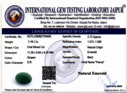 Emerald (Panna) Gemstone - 3.98 Carats