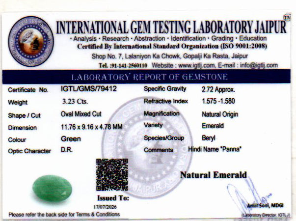 Emerald (Panna) Gemstone - 3.23 Carats