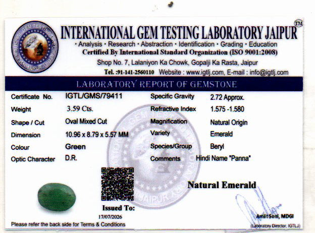 Emerald (Panna) Gemstone - 3.59 Carats