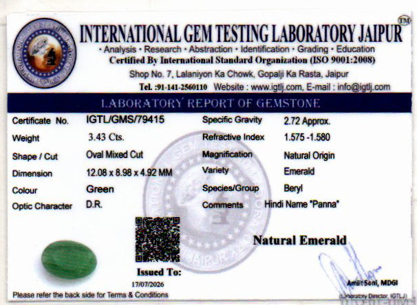 Emerald (Panna) Gemstone - 3.43 Carats