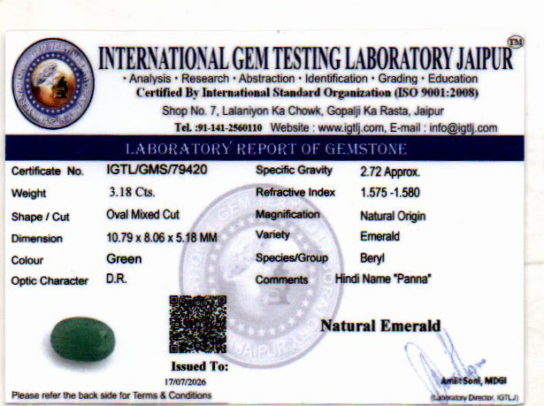 Emerald (Panna) Gemstone - 3.18 Carats