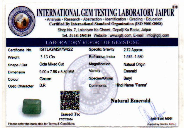 Emerald (Panna) Gemstone - 3.13 Carats
