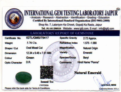 Emerald (Panna) Gemstone - 5.76 Carats