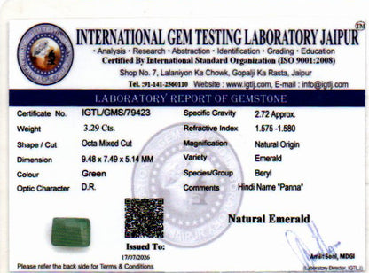 Emerald (Panna) Gemstone - 3.29 Carats