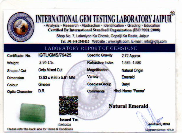 Emerald (Panna) Gemstone - 5.95 Carats