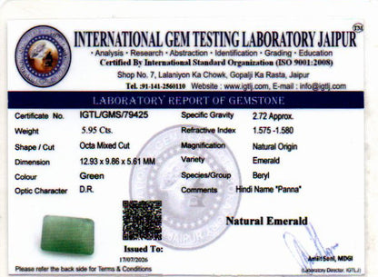 Emerald (Panna) Gemstone - 5.95 Carats