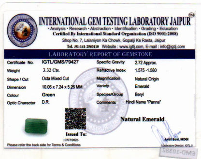 Emerald (Panna) Gemstone - 3.32 Carats