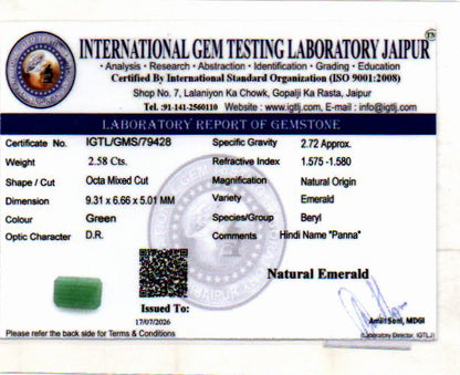 Emerald (Panna) Gemstone - 2.58 Carats