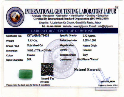 Emerald (Panna) Gemstone - 3.45 Carats