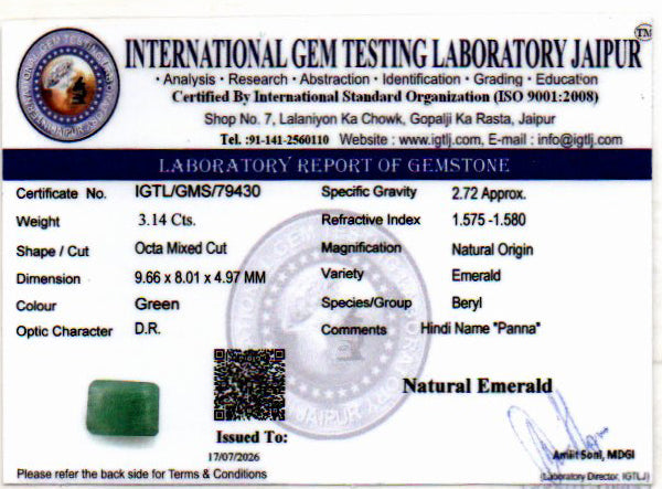 Emerald (Panna) Gemstone - 3.14 Carats