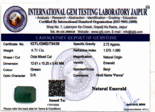 Emerald (Panna) Gemstone - 6.71 Carats