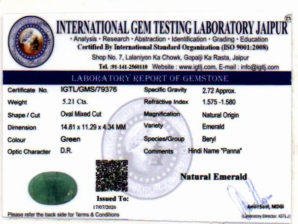 Emerald (Panna) Gemstone - 5.21 Carats