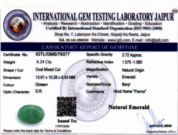 Emerald (Panna) Gemstone - 6.24 Carats