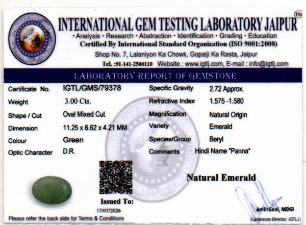 Emerald (Panna) Gemstone - 3.00 Carats