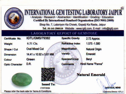 Emerald (Panna) Gemstone - 6.51 Carats