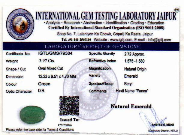 Emerald (Panna) Gemstone - 3.97 Carats