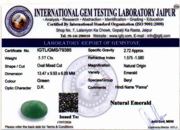 Emerald (Panna) Gemstone - 5.57 Carats
