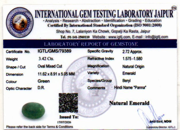 Emerald (Panna) Gemstone - 3.42 Carats