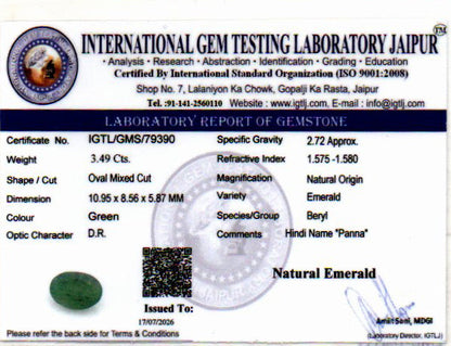 Emerald (Panna) Gemstone - 3.49 Carats
