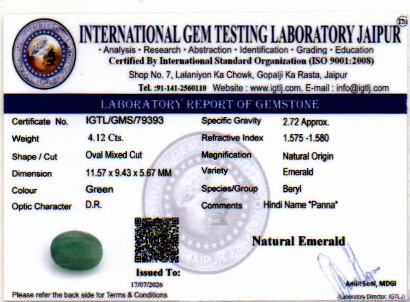 Emerald (Panna) Gemstone - 4.12 Carats
