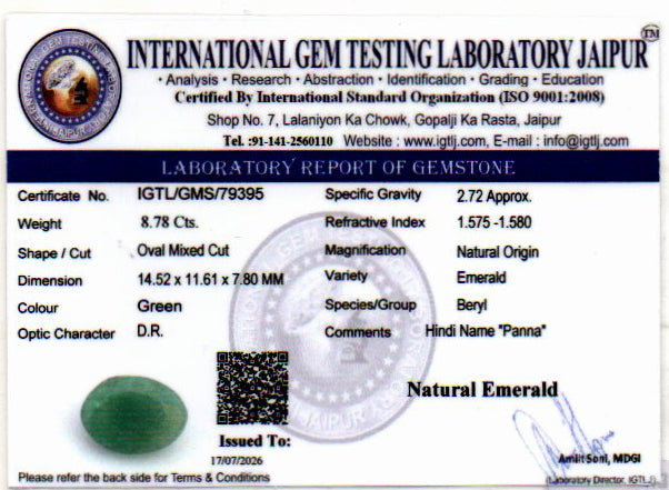 Emerald (Panna) Gemstone - 8.78 Carats