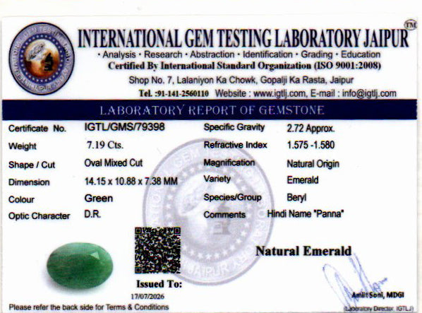 Emerald (Panna) Gemstone - 7.19 Carats