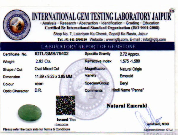 Emerald (Panna) Gemstone - 2.85 Carats