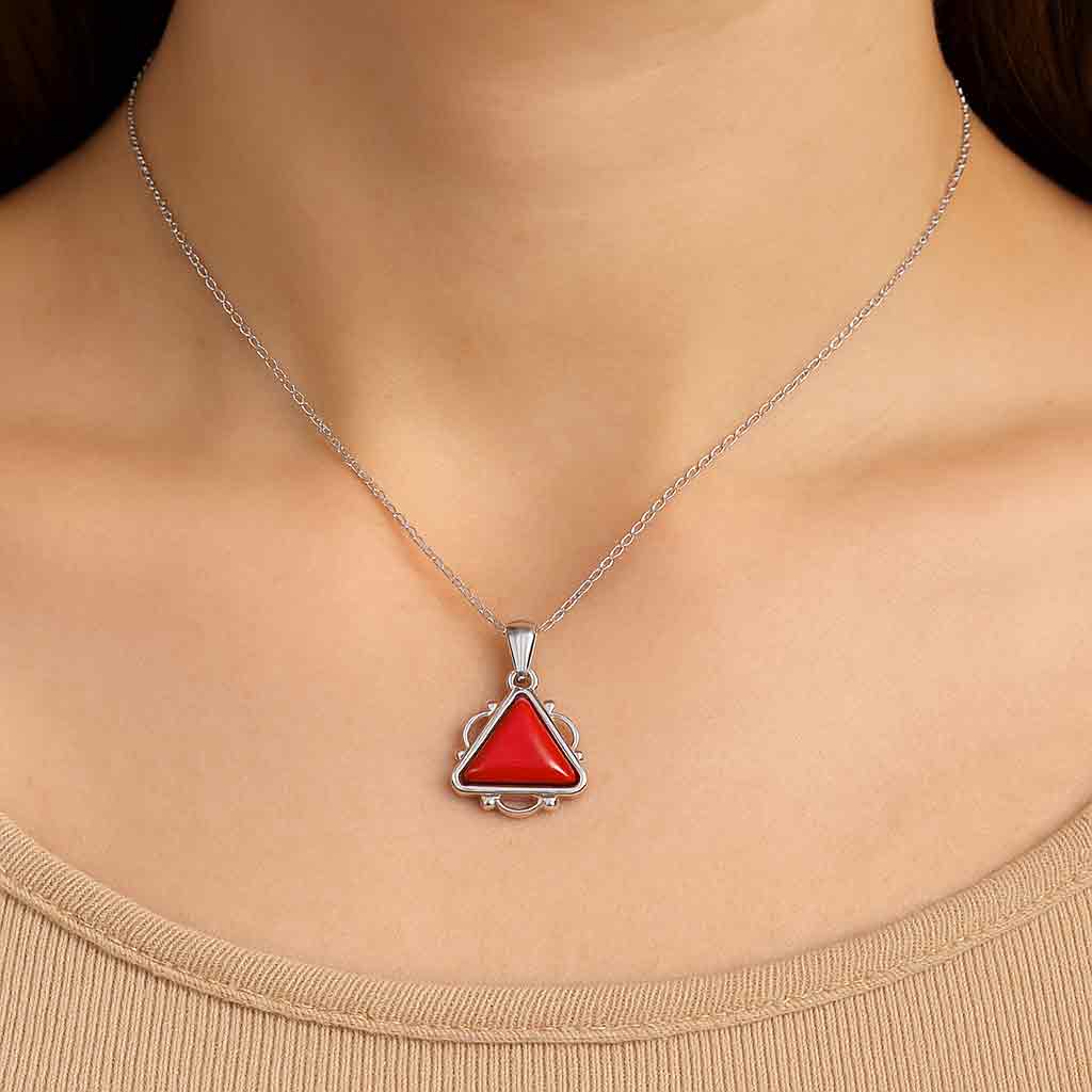 Pure Sterling Silver Red Coral Gemstone Pendant