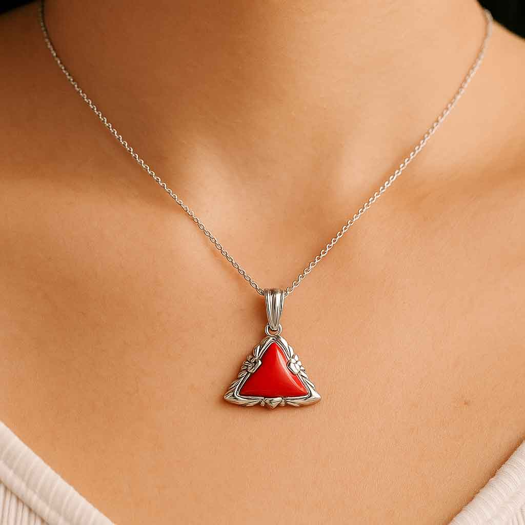 Bold & Stylish Sterling Silver Triangle Red Coral Pendant