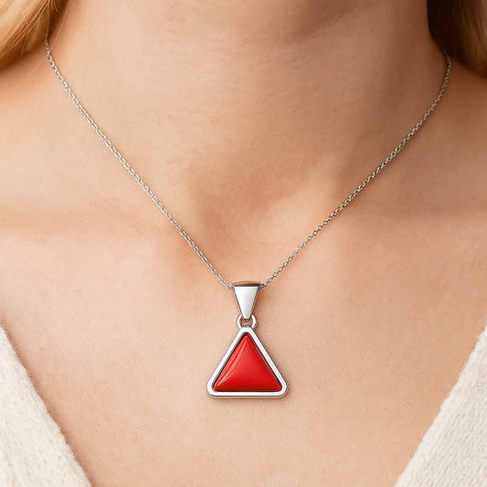 Modern Sterling Silver Triangle Red Coral Pendant