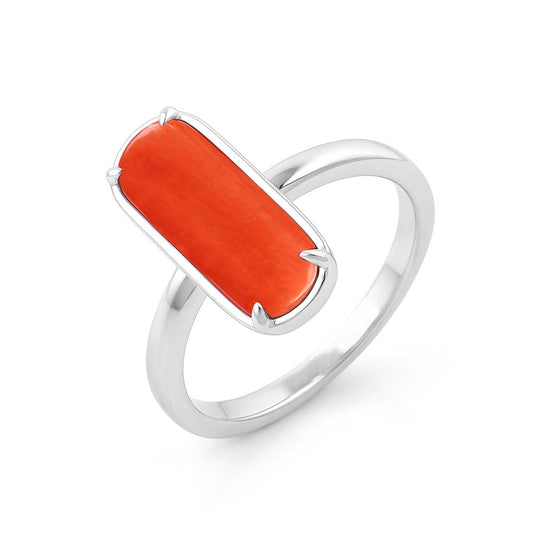 Traditional Pure Silver Red Coral Gemstone Ring For Ladies