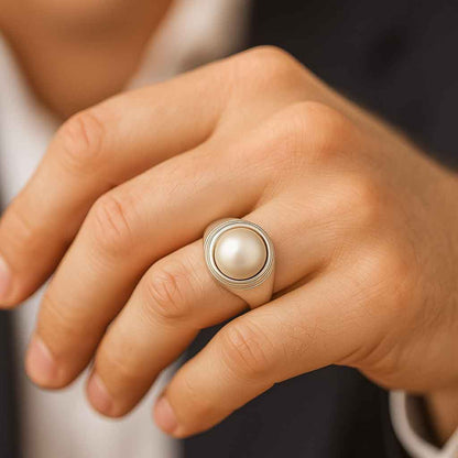 Luxury 925 Sterling Silver Pearl Gemstone Ring for Men