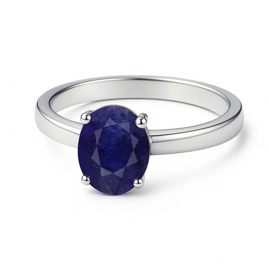Women’s Silver Ring with Oval Blue Sapphire Gemstone