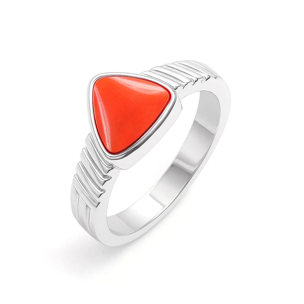 Classic 925 Silver Triangle Red Coral Gemstone Ring for Men