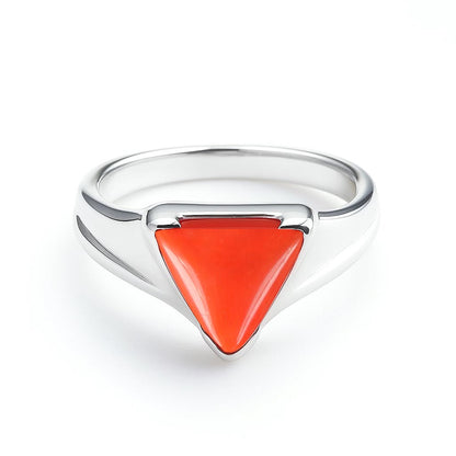 Modern 925 Sterling Silver Men’s Triangle Red Coral Ring