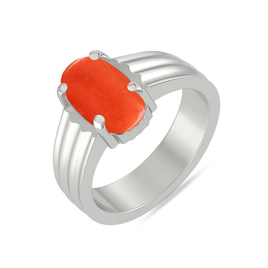 Traditional 925 Silver Red Coral Gemstone Ring for Men