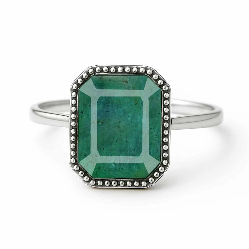 Classic Regal 925 Sterling Silver WoMen's Emerald Cut Emerald Ring