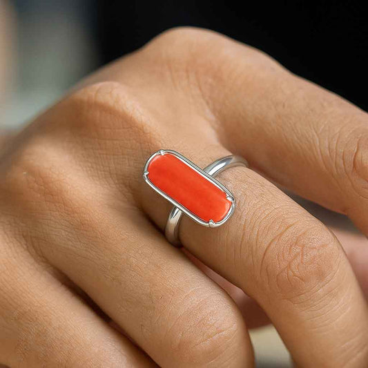 Traditional Pure Silver Red Coral Gemstone Ring For Ladies