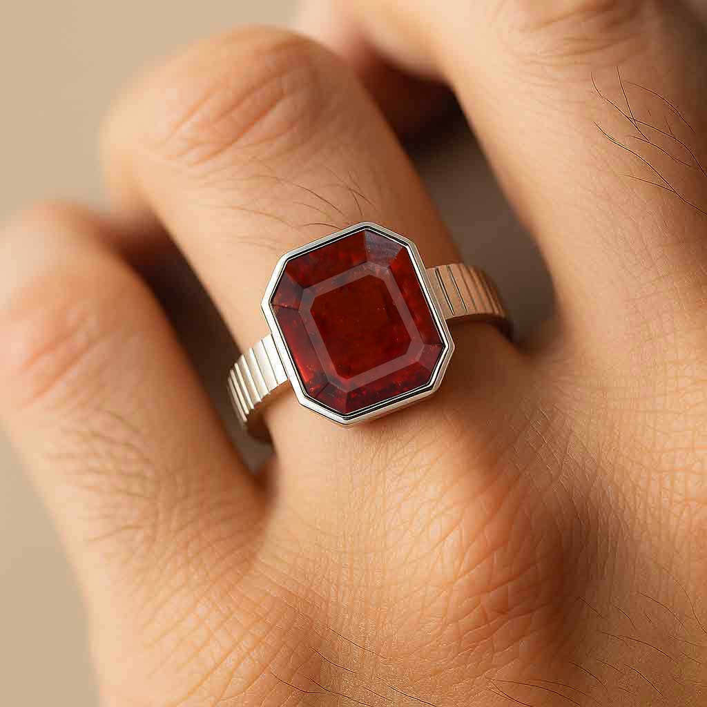 Modern 925 Sterling Silver Men’s Hessonite Garnet Ring