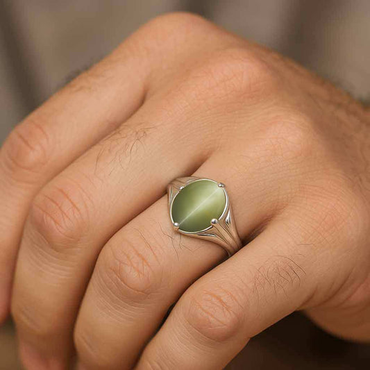Luxury Handmade Silver Cat’s Eye Stone Ring for Men