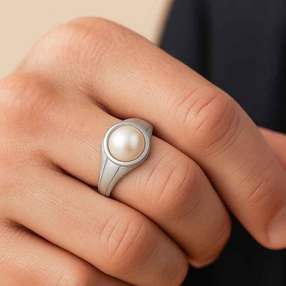 Classic Royal 925 Sterling Silver Pearl Stone Ring for Men